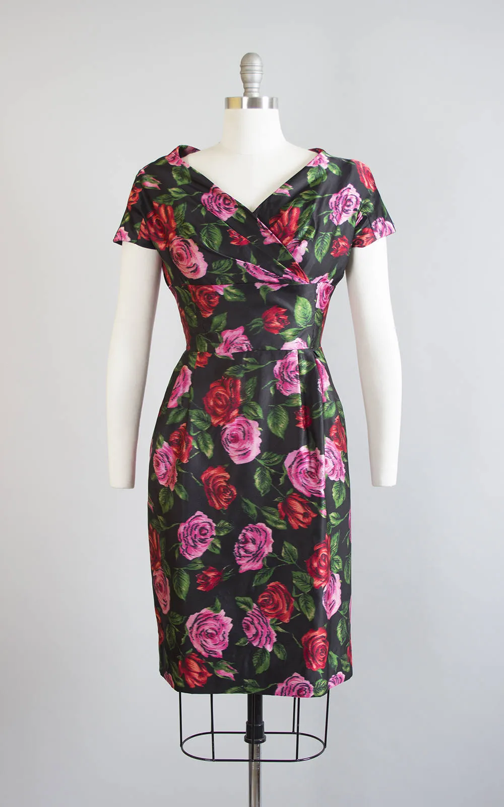 1950s Silk Satin Rose Print Cocktail Dress | small