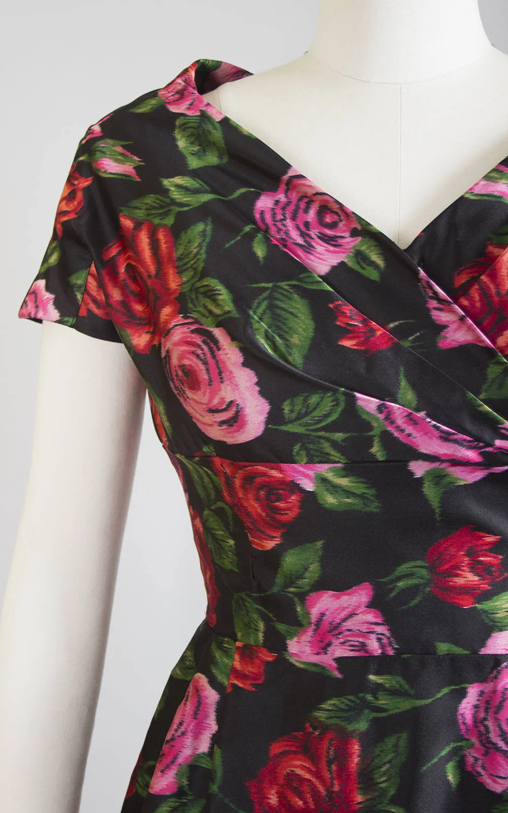 1950s Silk Satin Rose Print Cocktail Dress | small