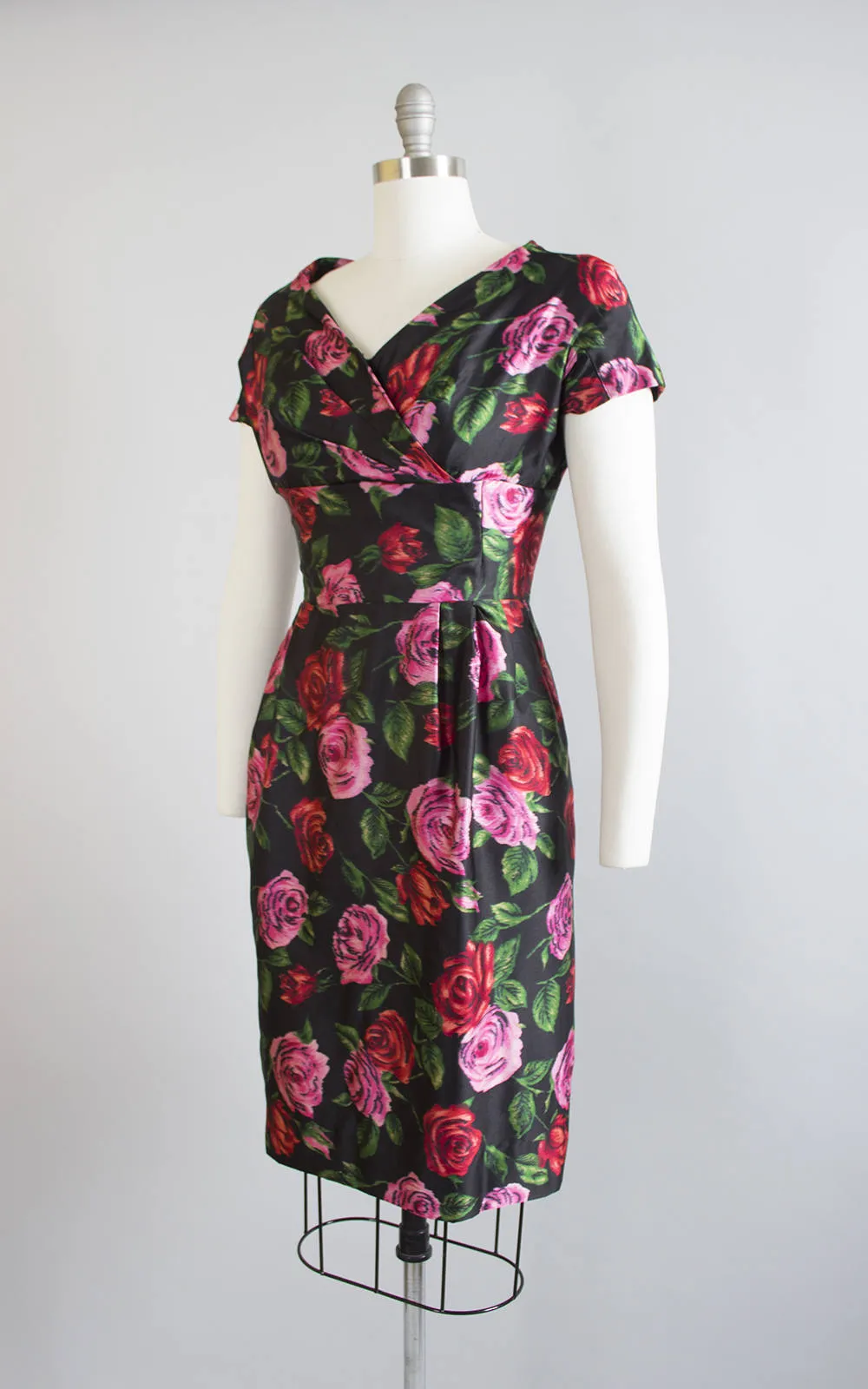 1950s Silk Satin Rose Print Cocktail Dress | small