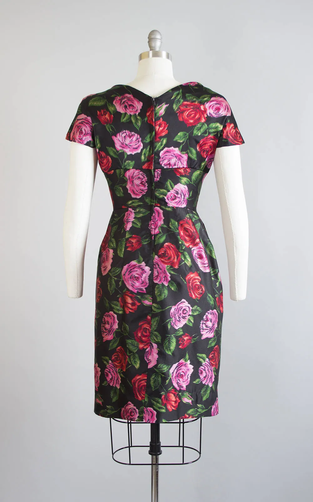 1950s Silk Satin Rose Print Cocktail Dress | small