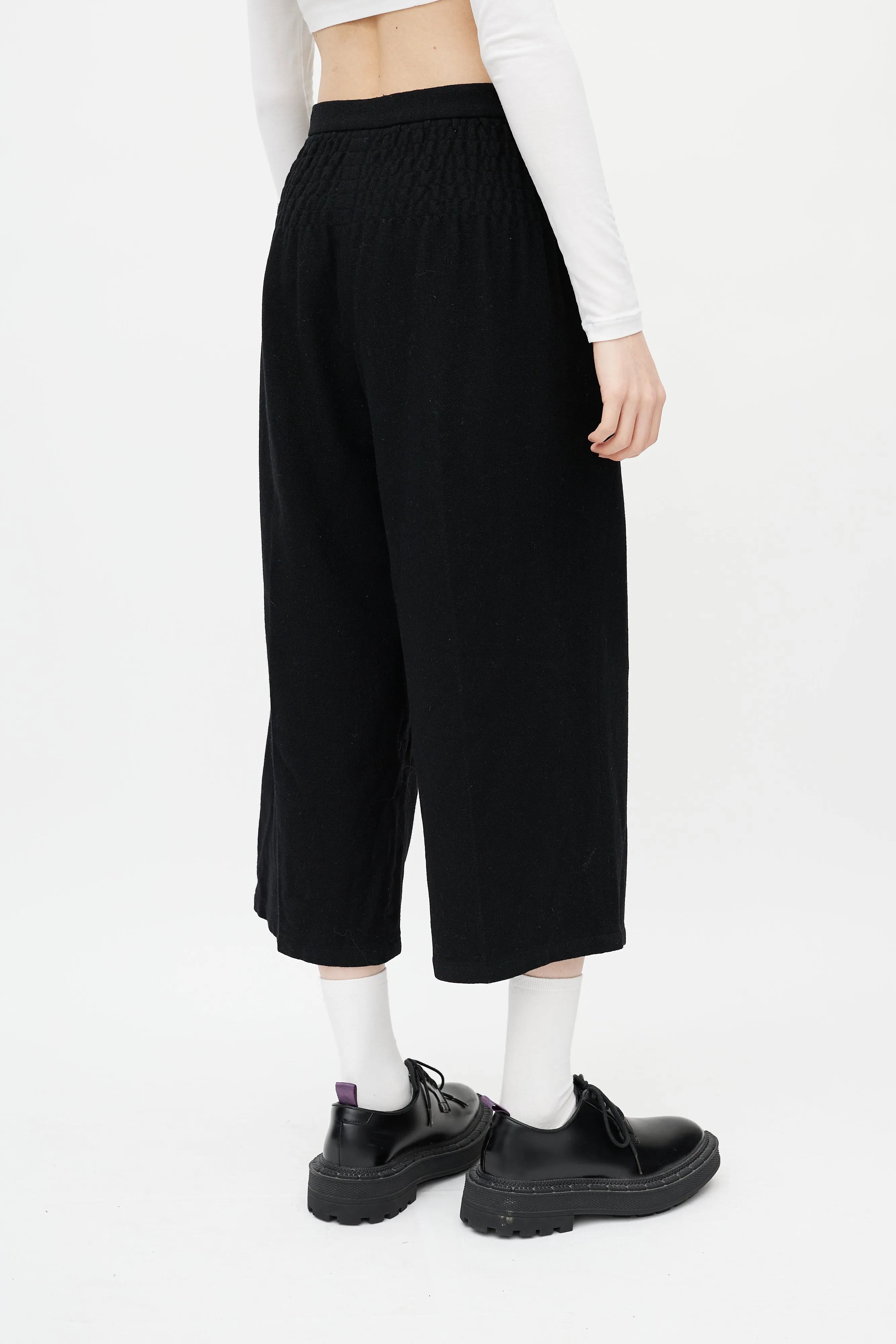 Black Wool Smocked Trouser