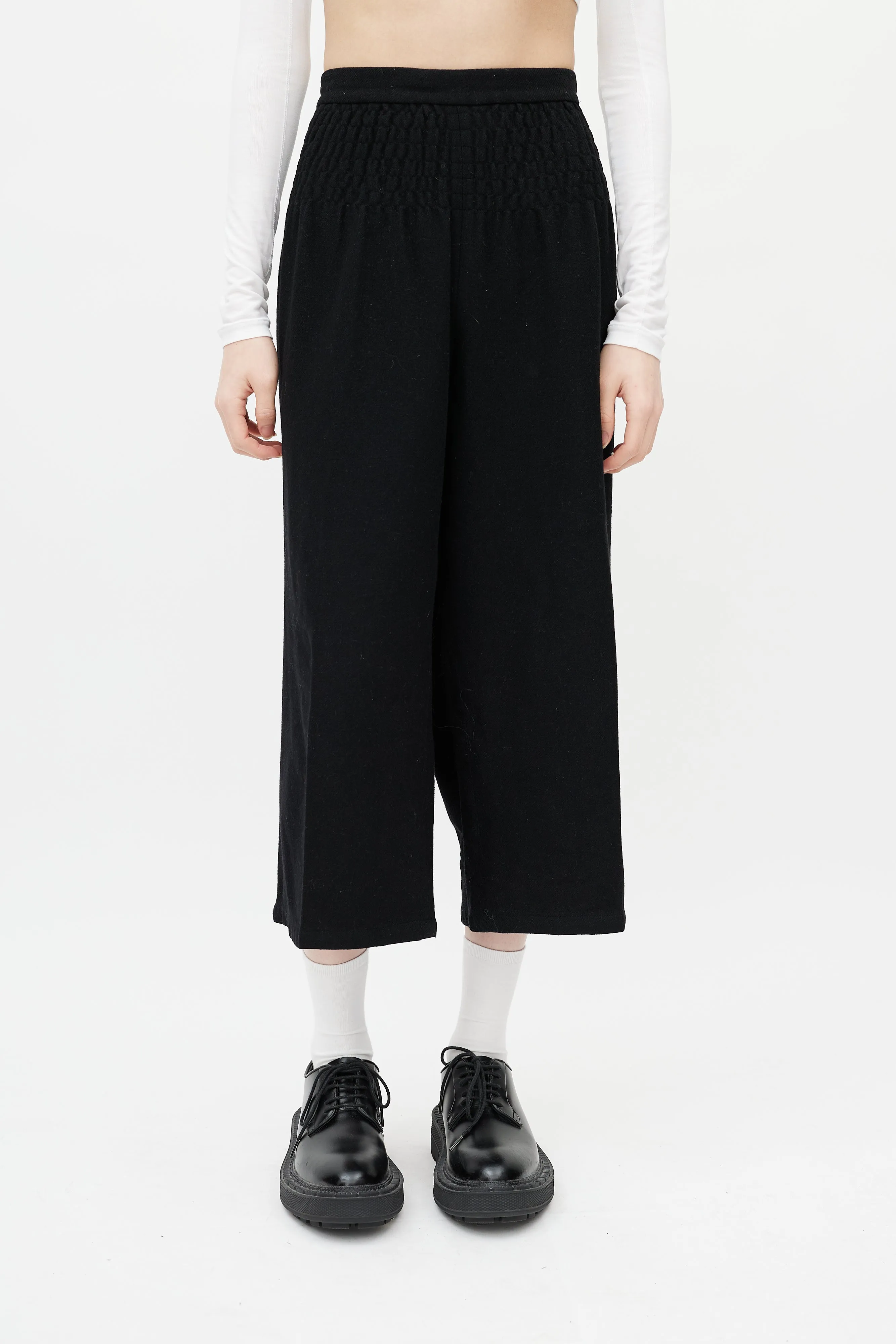 Black Wool Smocked Trouser