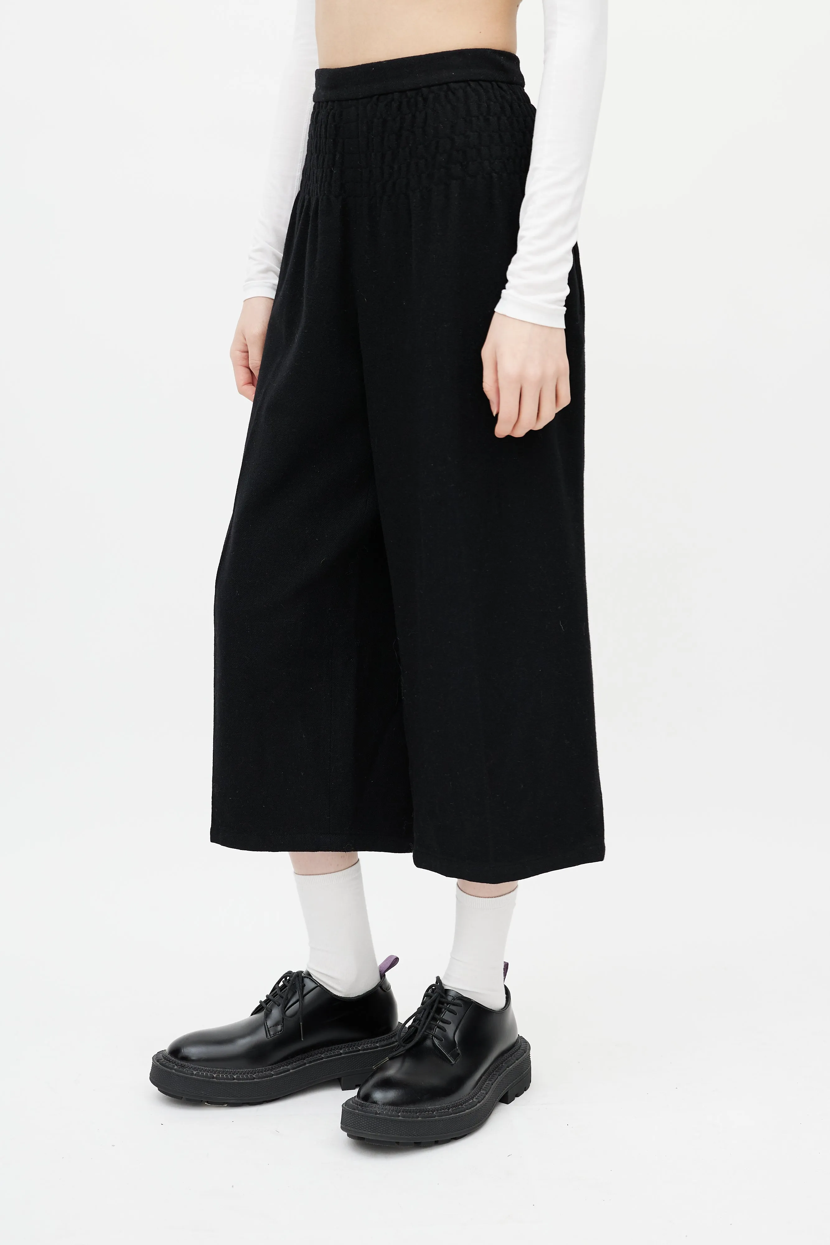 Black Wool Smocked Trouser