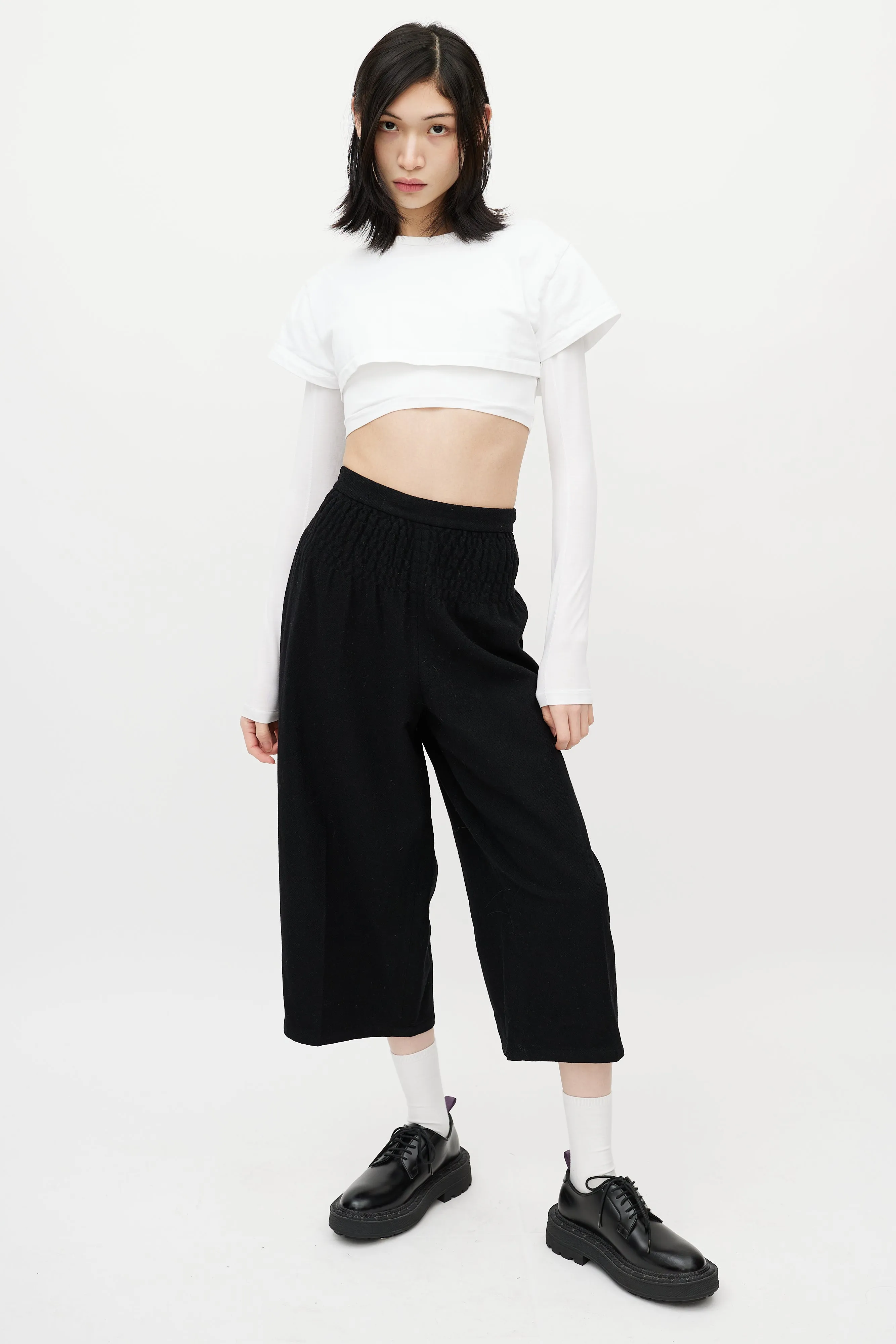 Black Wool Smocked Trouser