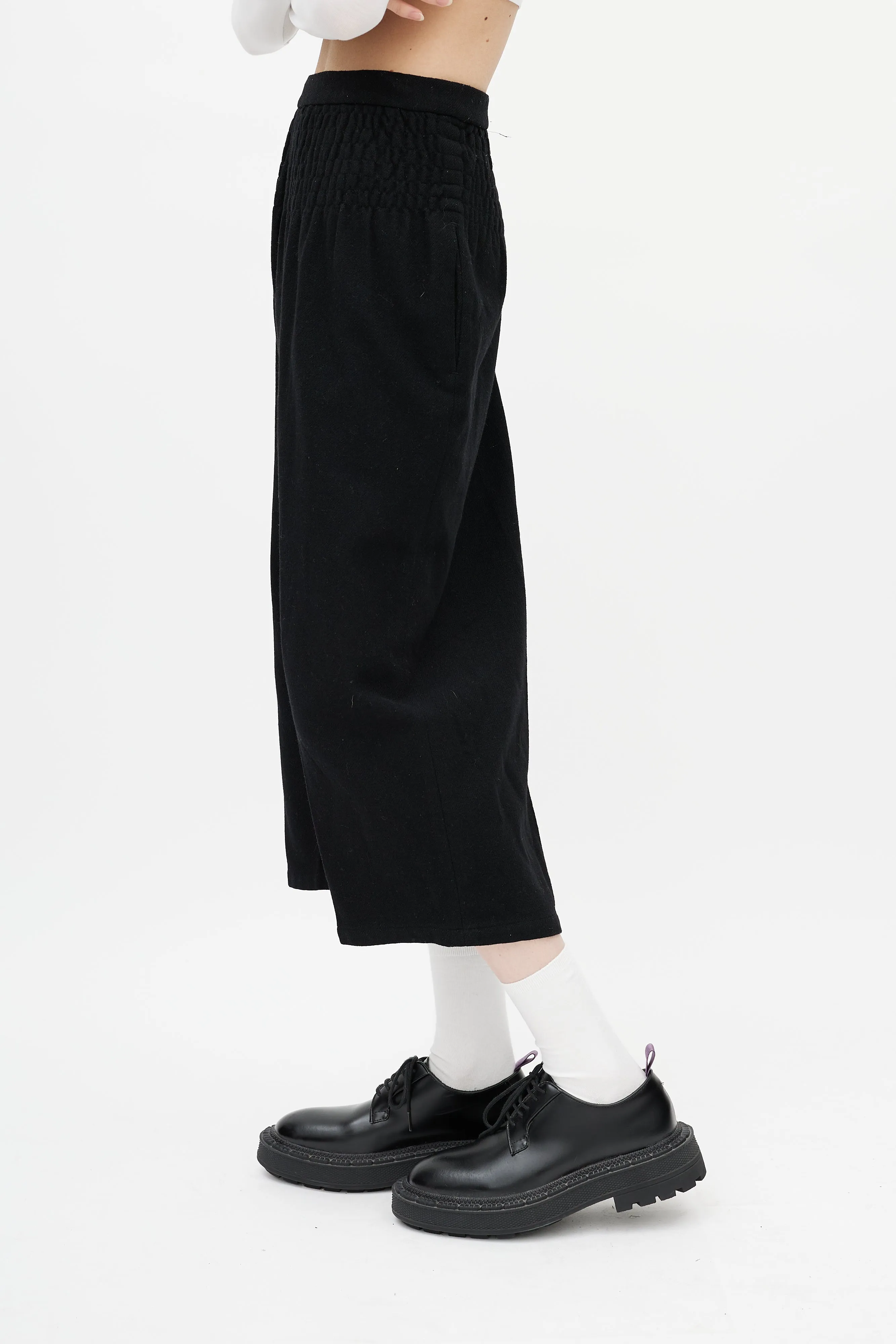 Black Wool Smocked Trouser
