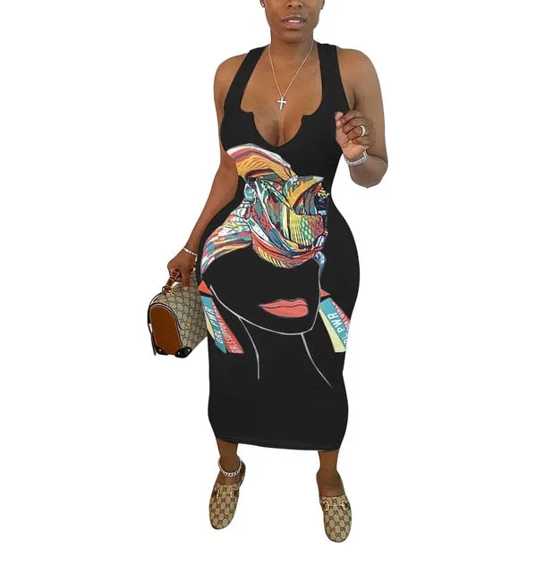 Cartoon Head Wrapped Queen V-neck Sleeveless Dress | CATICA Couture