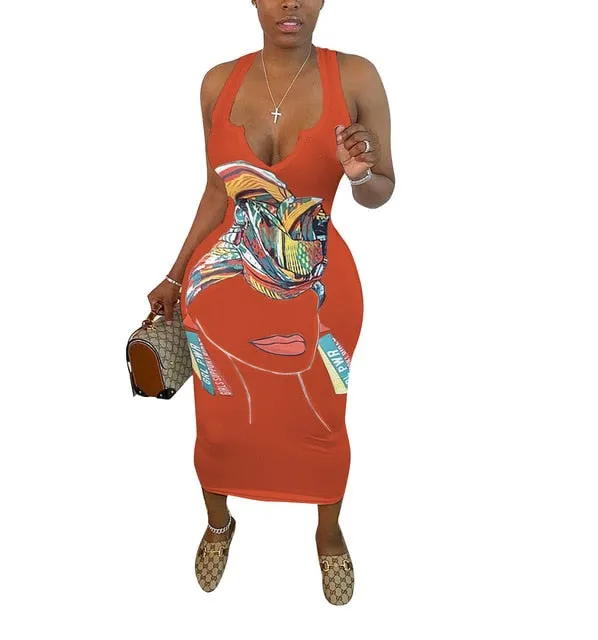 Cartoon Head Wrapped Queen V-neck Sleeveless Dress | CATICA Couture