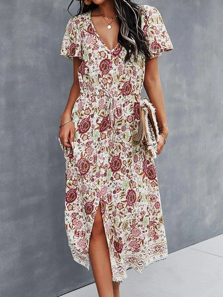 deanwangkt Flower Button Drawstring V-neck Short Sleeve Print Dress For Women