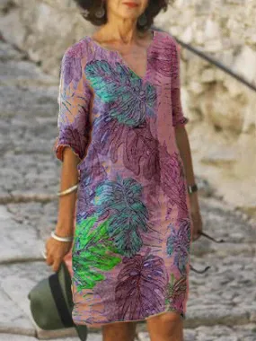 deanwangkt Women Plant Leaves Print Notched Neckline Vintage Half Sleeve Dresses