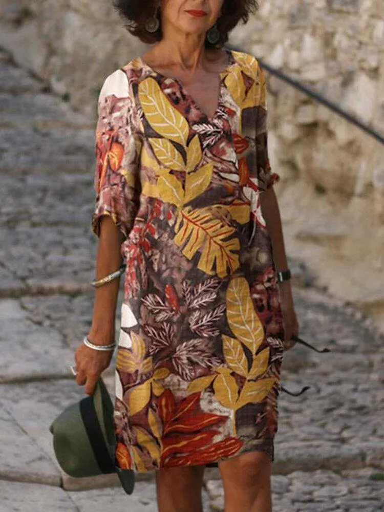 deanwangkt Women Plant Leaves Print Notched Neckline Vintage Half Sleeve Dresses