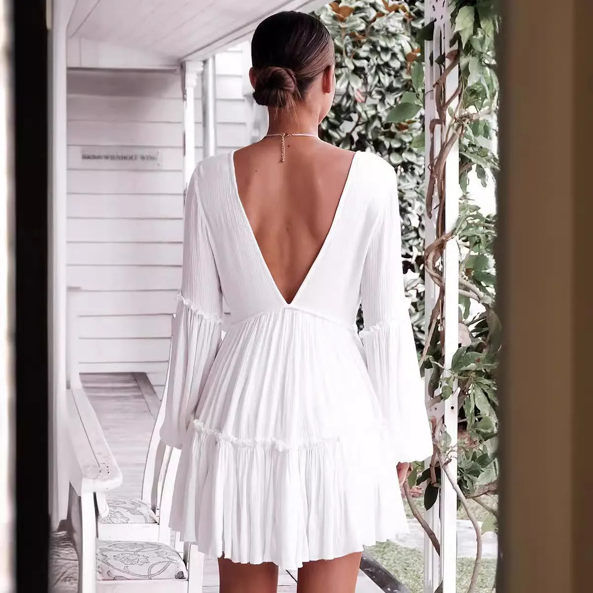 Deep V Neck Lantern Long Sleeve Dress