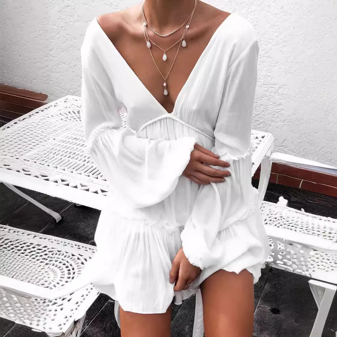 Deep V Neck Lantern Long Sleeve Dress