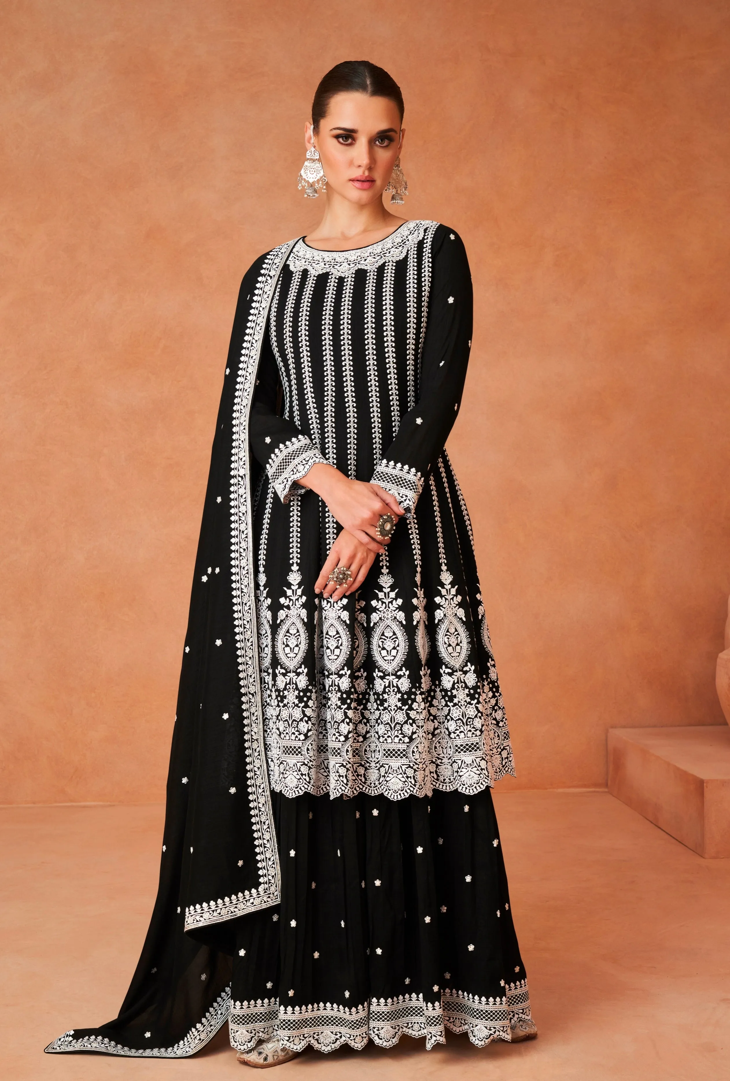 Elegant Black Silk Anarkali Suit with Intricate Embroidery