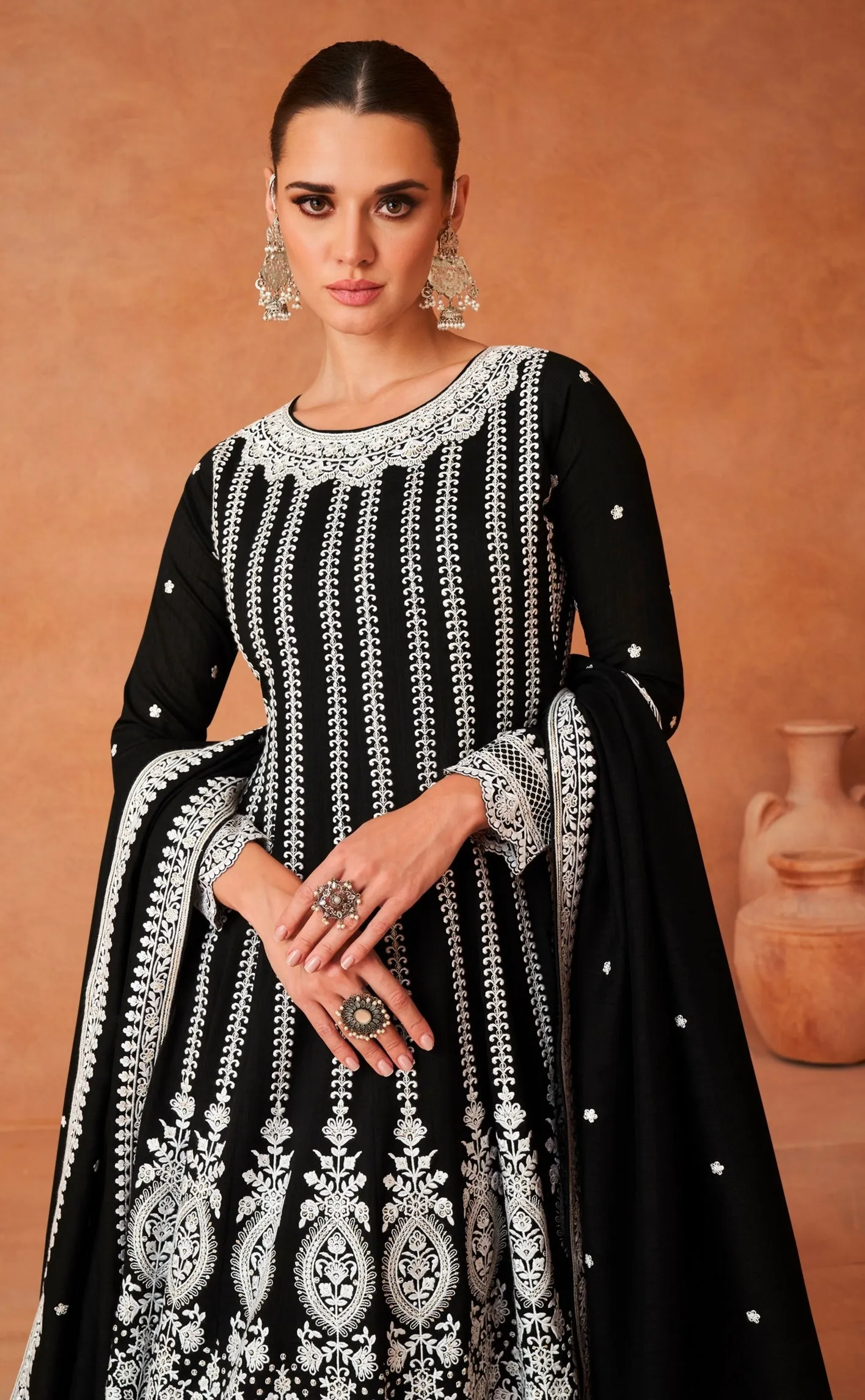Elegant Black Silk Anarkali Suit with Intricate Embroidery