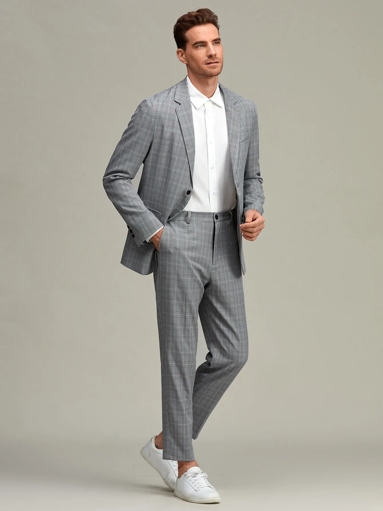 Grey Plaid Button Front Blazer and Tailored Trousers