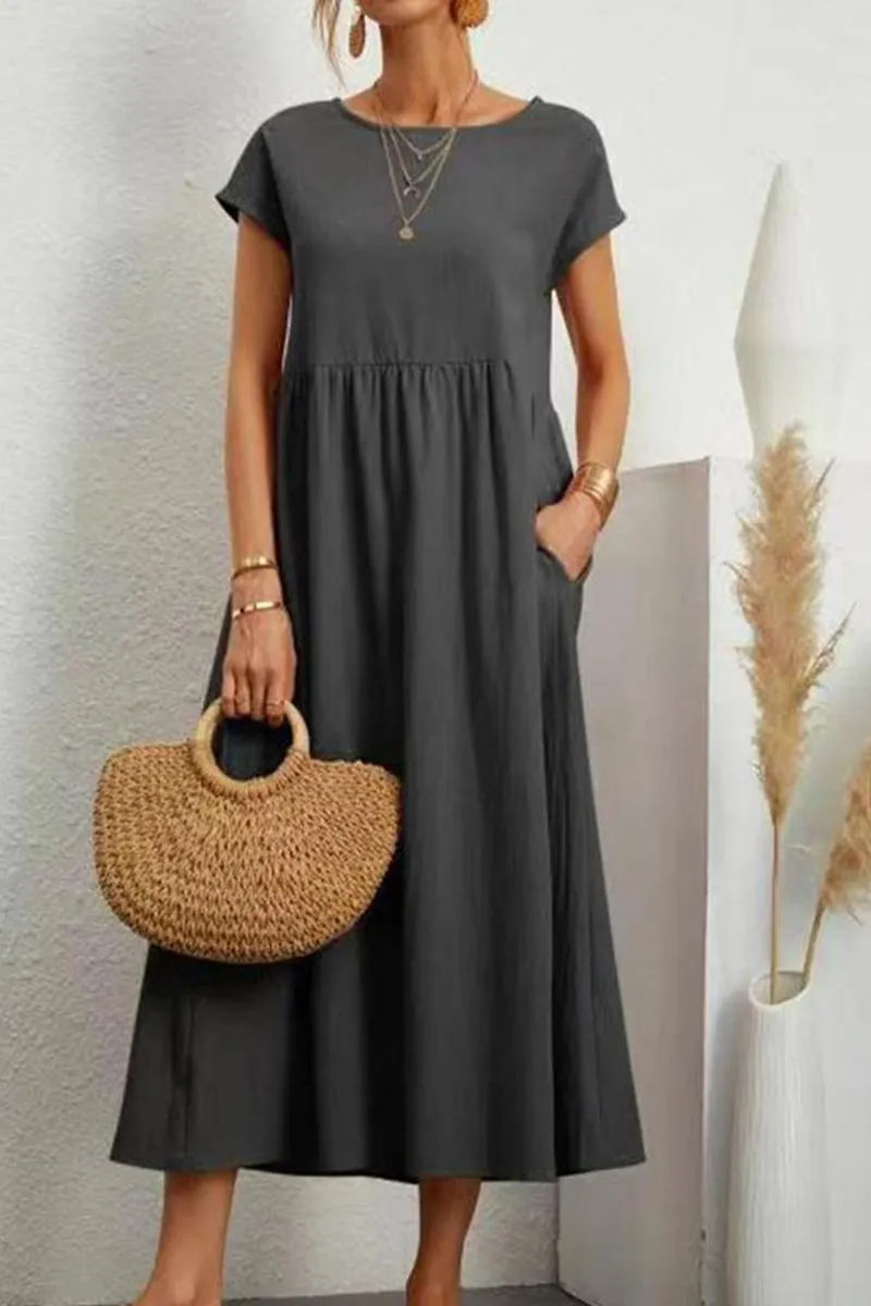 hulianfu Casual Daily Solid Pocket O Neck Short Sleeve Dress(11 Colors)