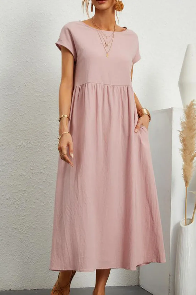 hulianfu Casual Daily Solid Pocket O Neck Short Sleeve Dress(11 Colors)