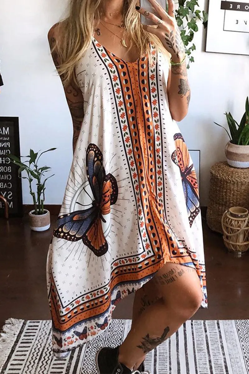 hulianfu Casual Print Butterfly Backless V Neck Irregular Dresses
