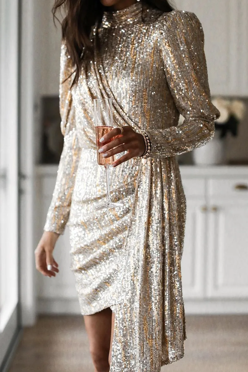 hulianfu Casual Solid Sequins Turtleneck Pencil Skirt Dresses