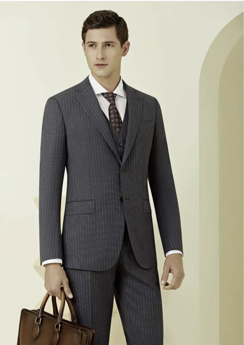 Mid Grey Pinstripe Single Breasted / Three Piece Suit Italian Pure Wool Super 110'S
