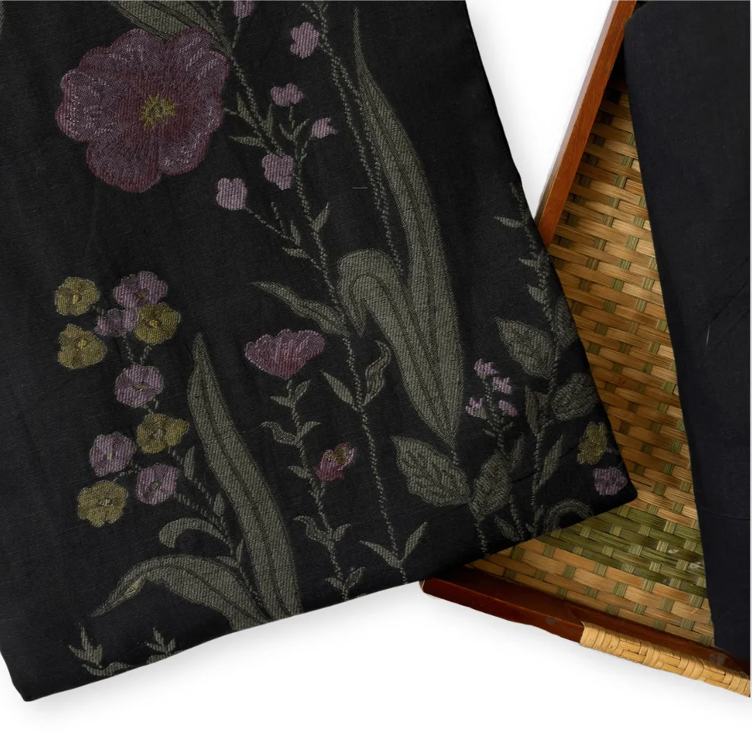 Midnight Black Wild Flowers Woven Pure Linen Kurta Fabric (2.5 Meters) | and Cotton Pyjama (2.5 Meters) | Unstitched Combo Set