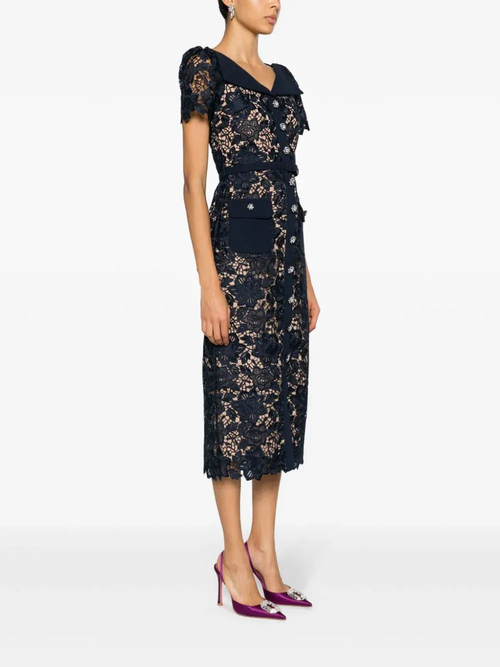 Navy Lace Open Neck Midi Dress