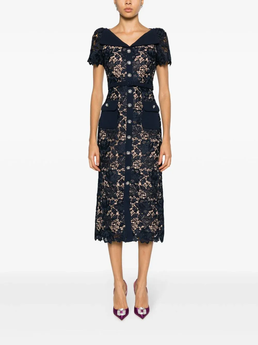 Navy Lace Open Neck Midi Dress