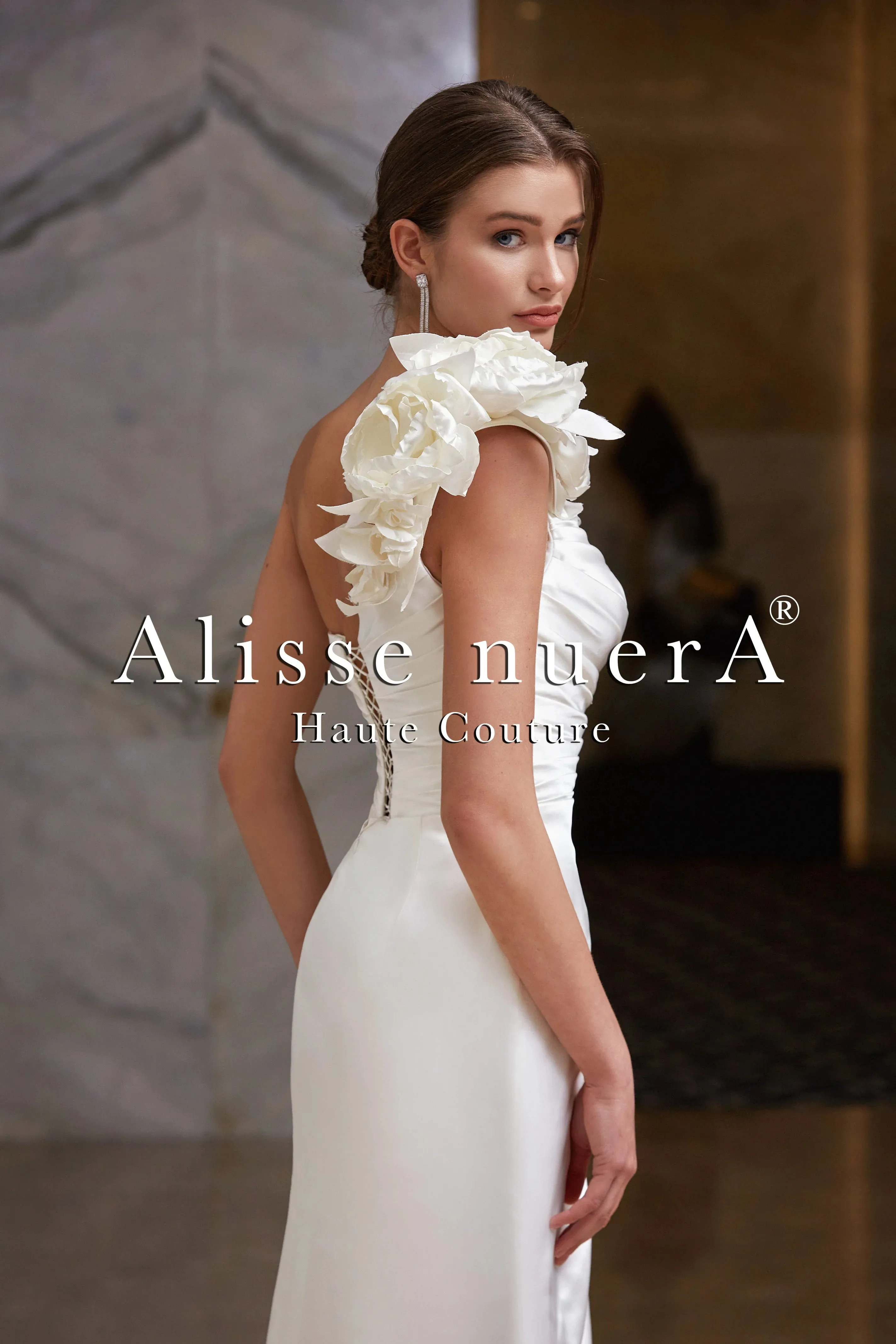 One Shoulder Satin Leg Slit Draped Pencil Wedding Dress