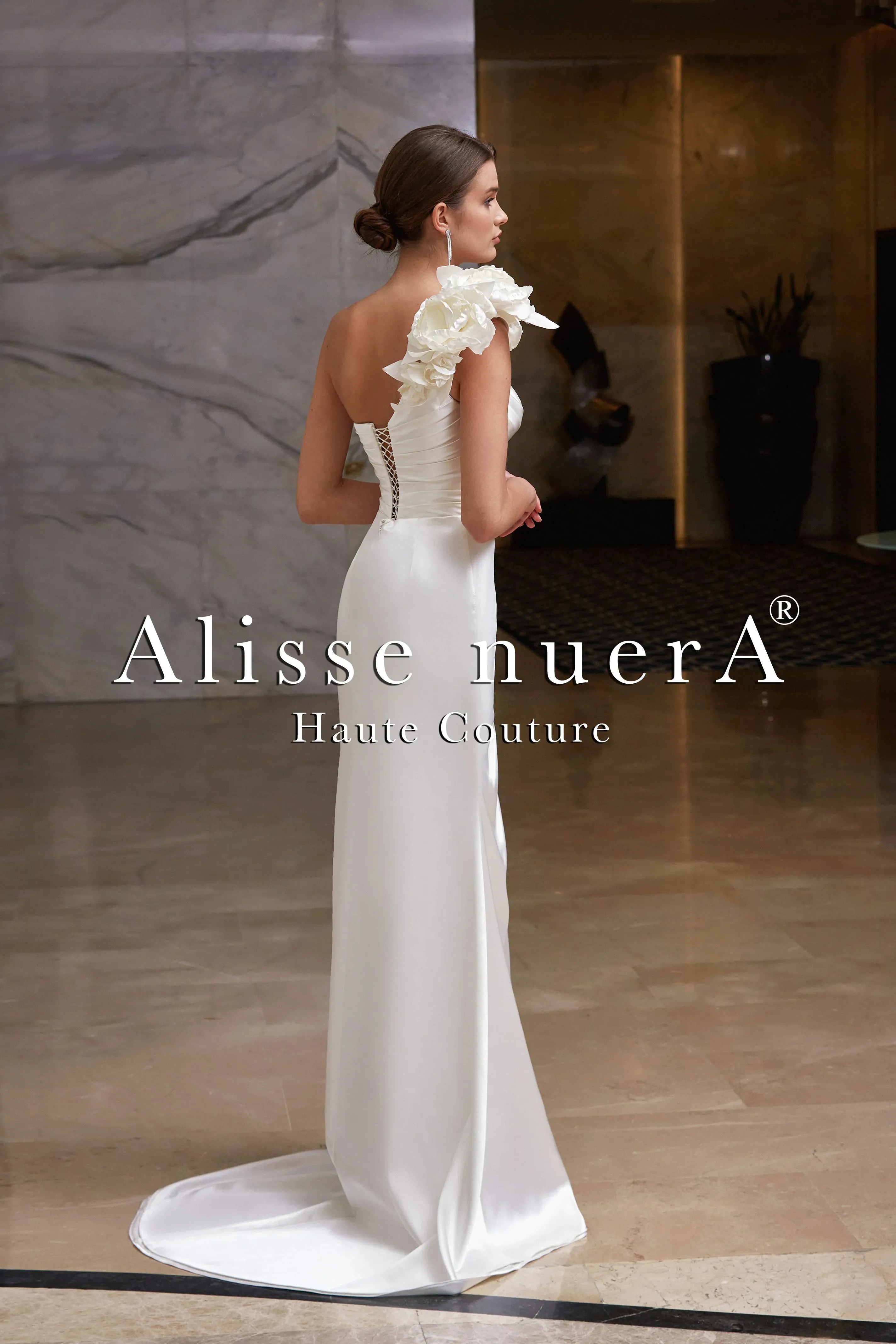 One Shoulder Satin Leg Slit Draped Pencil Wedding Dress