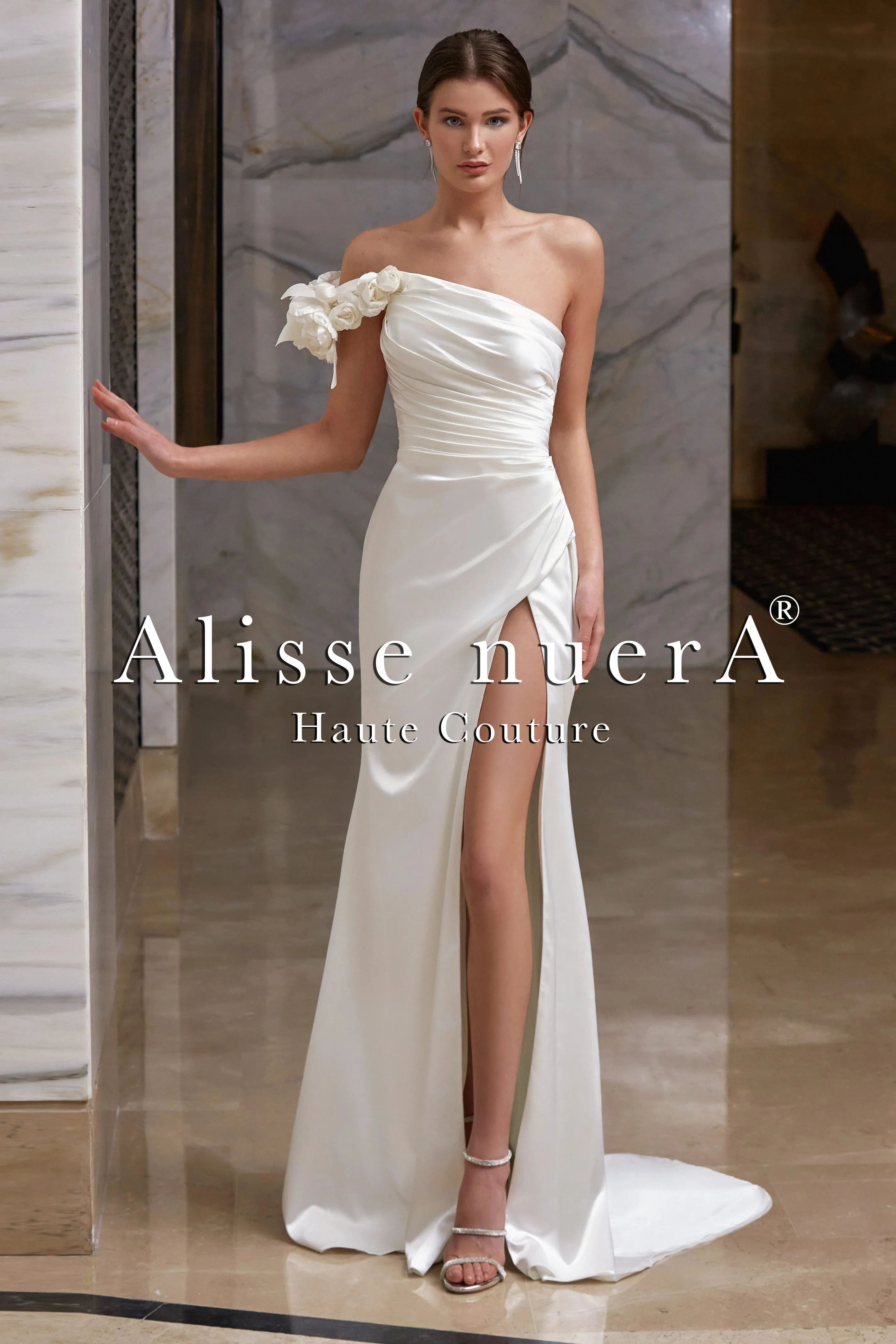 One Shoulder Satin Leg Slit Draped Pencil Wedding Dress