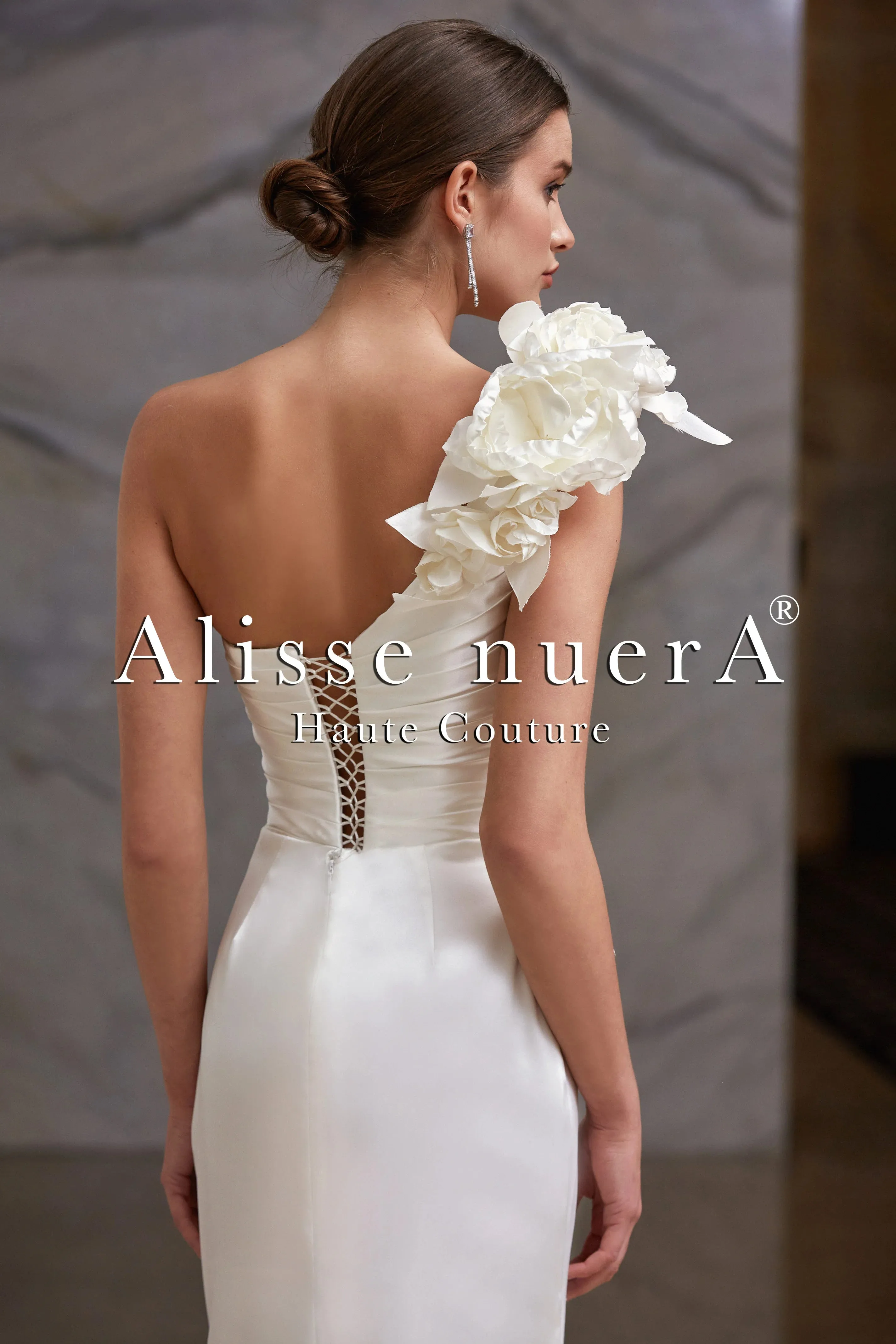 One Shoulder Satin Leg Slit Draped Pencil Wedding Dress