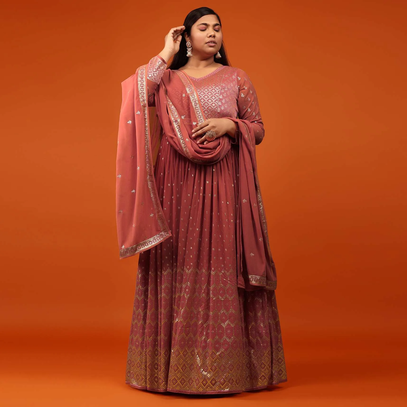 Peach Pink Anarkali Suit In Georgette With Embellishment Sequin And Thread