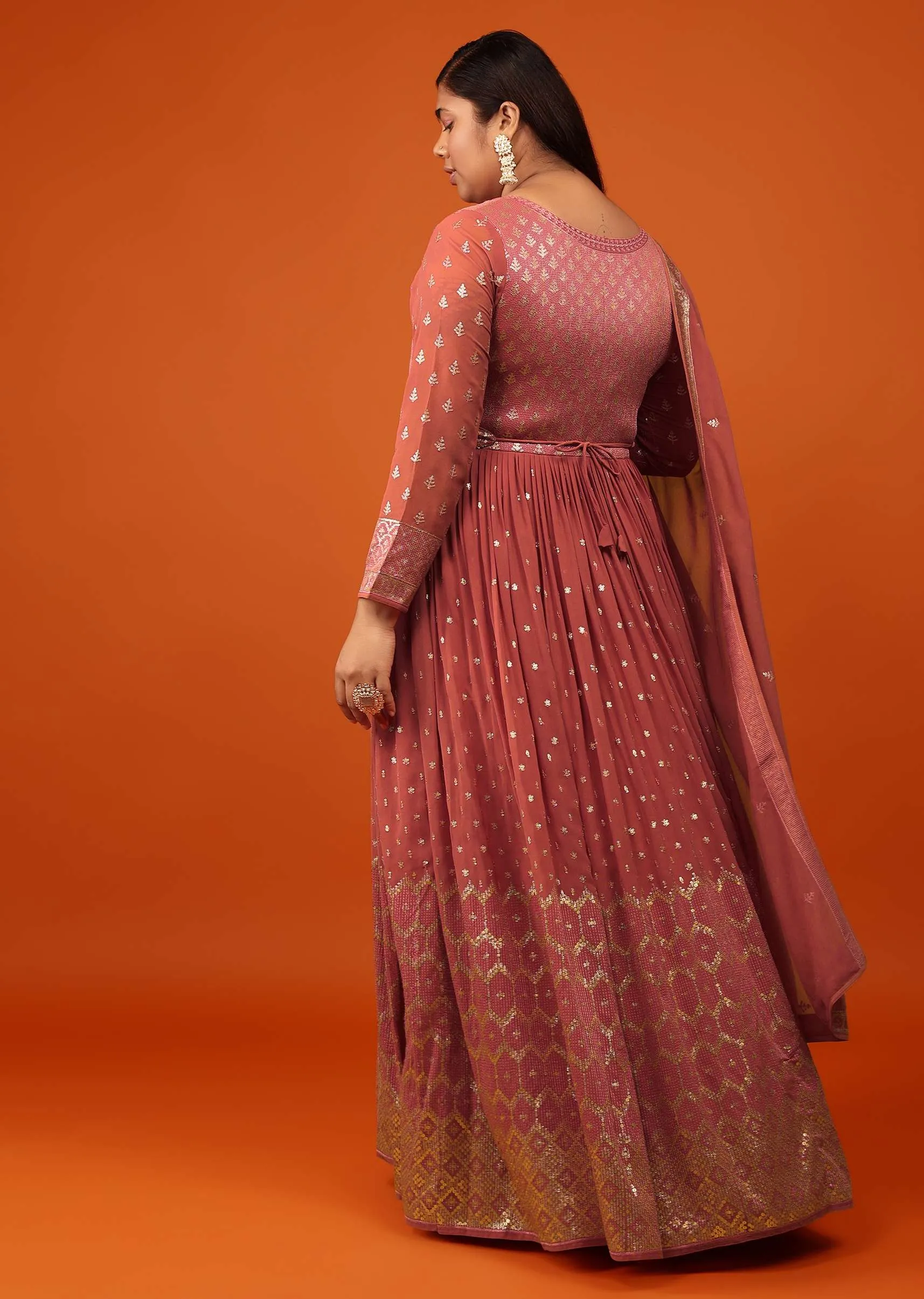 Peach Pink Anarkali Suit In Georgette With Embellishment Sequin And Thread