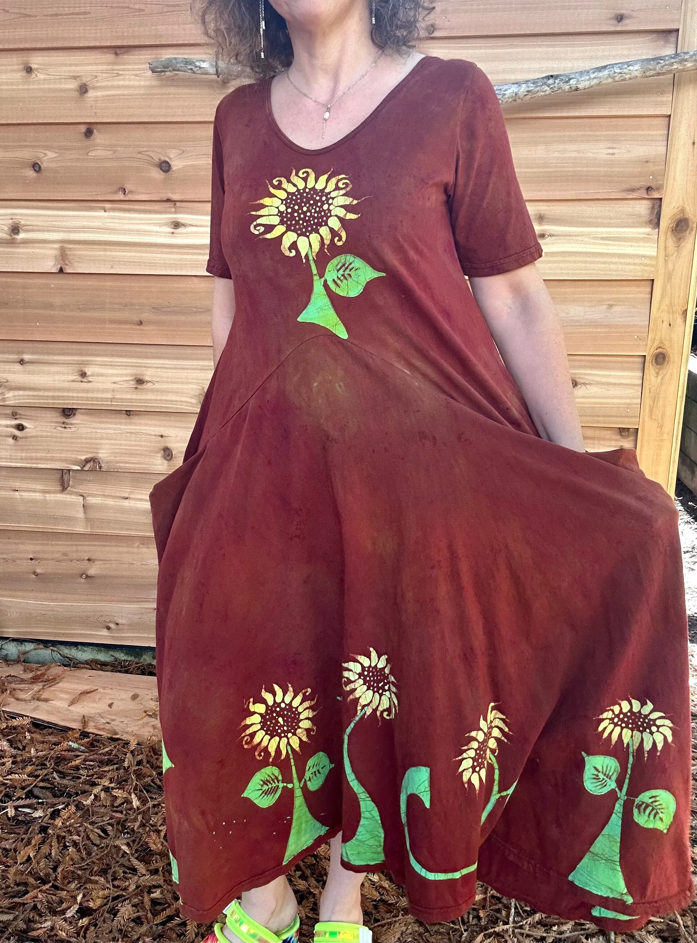 Red Sunflower Batik Dress With Pockets - Size Small