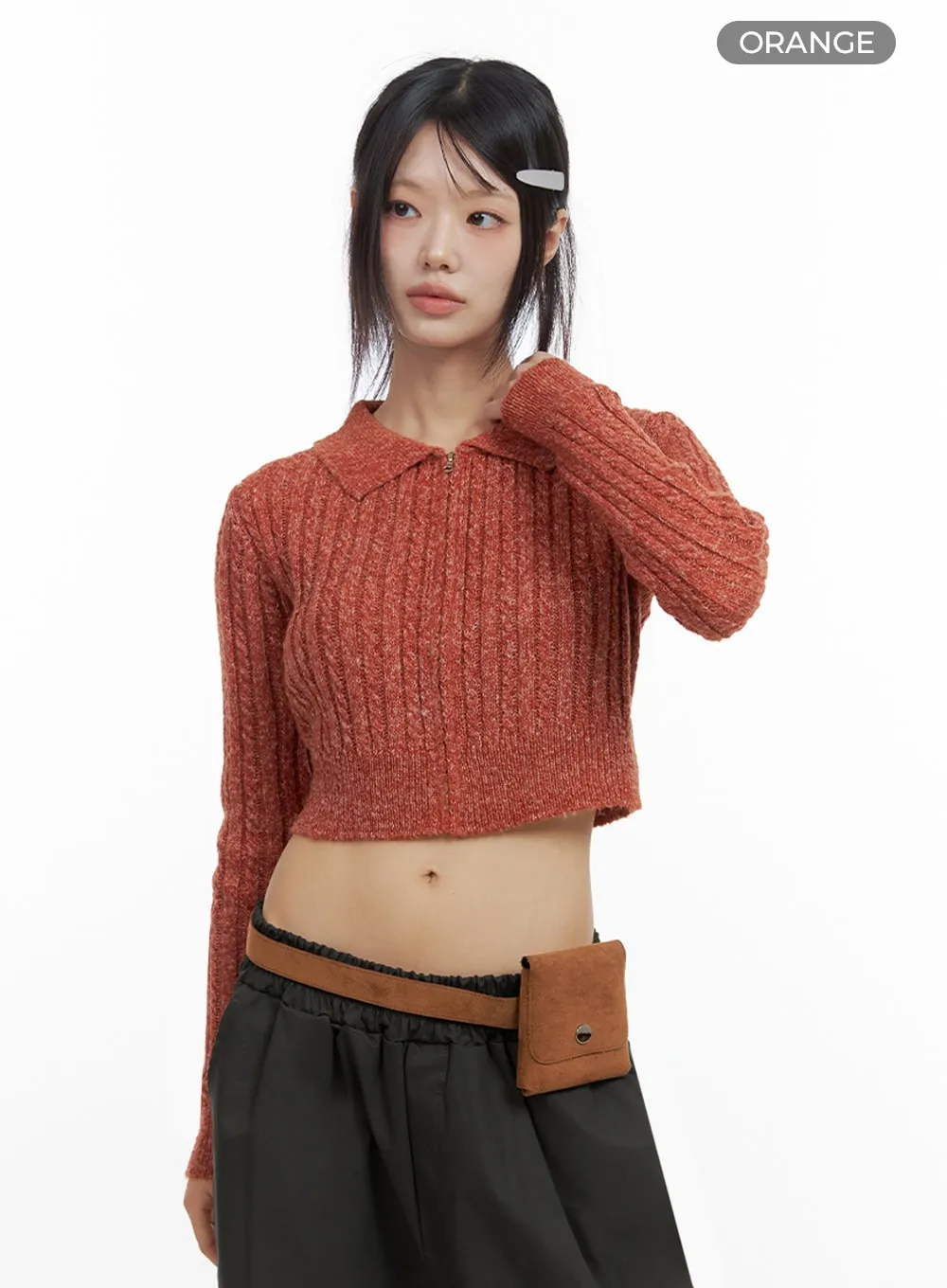 Slim-Fit Collared Zip Crop Top IO430