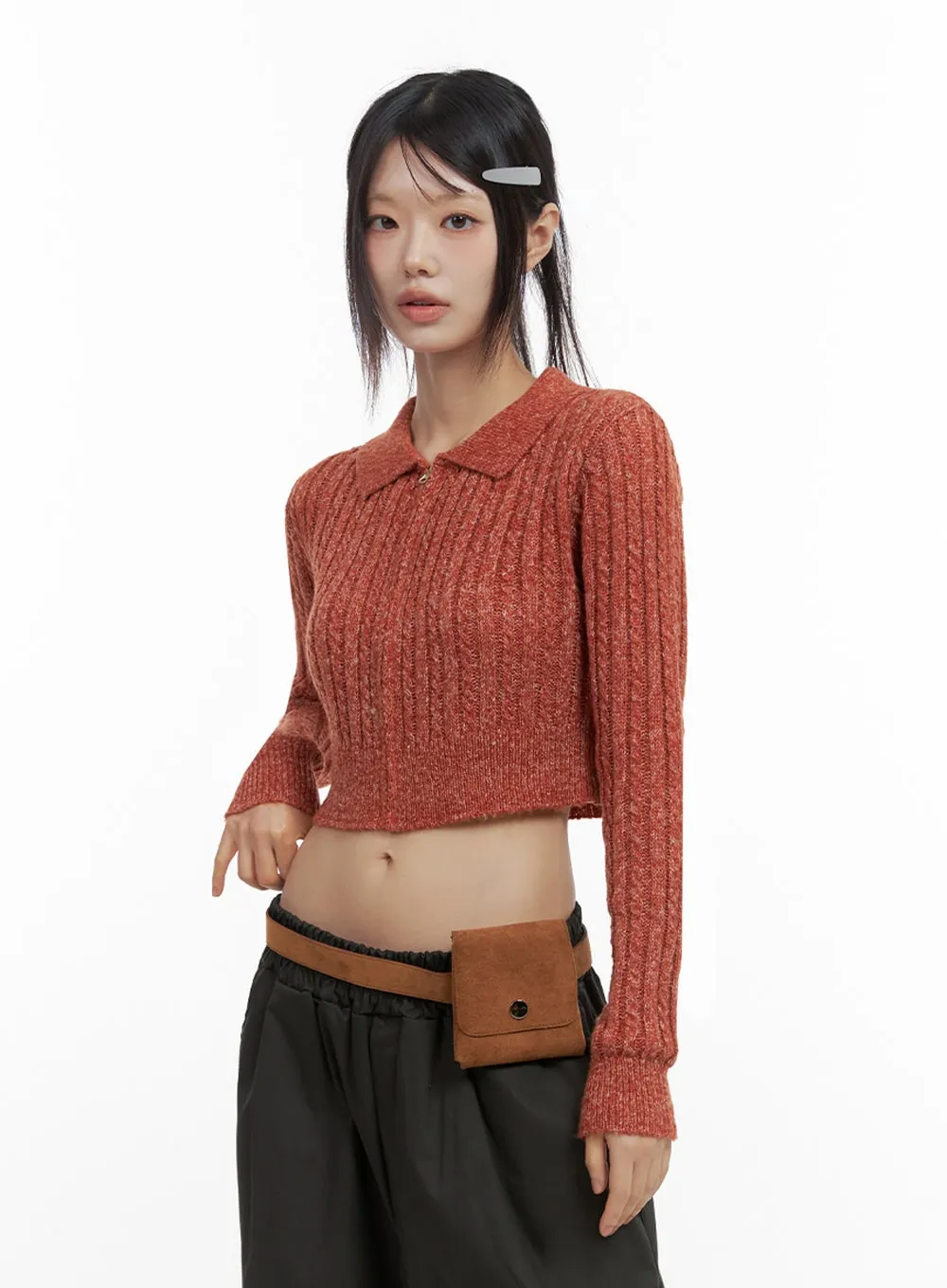 Slim-Fit Collared Zip Crop Top IO430