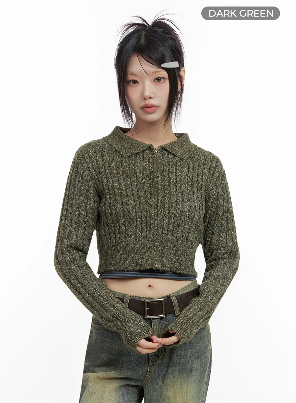 Slim-Fit Collared Zip Crop Top IO430