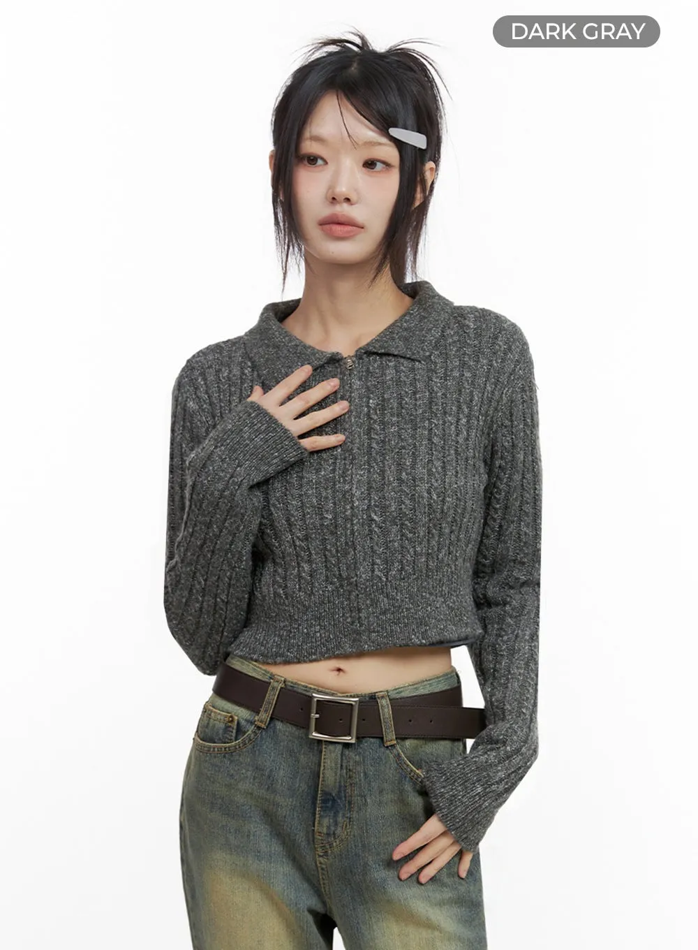 Slim-Fit Collared Zip Crop Top IO430
