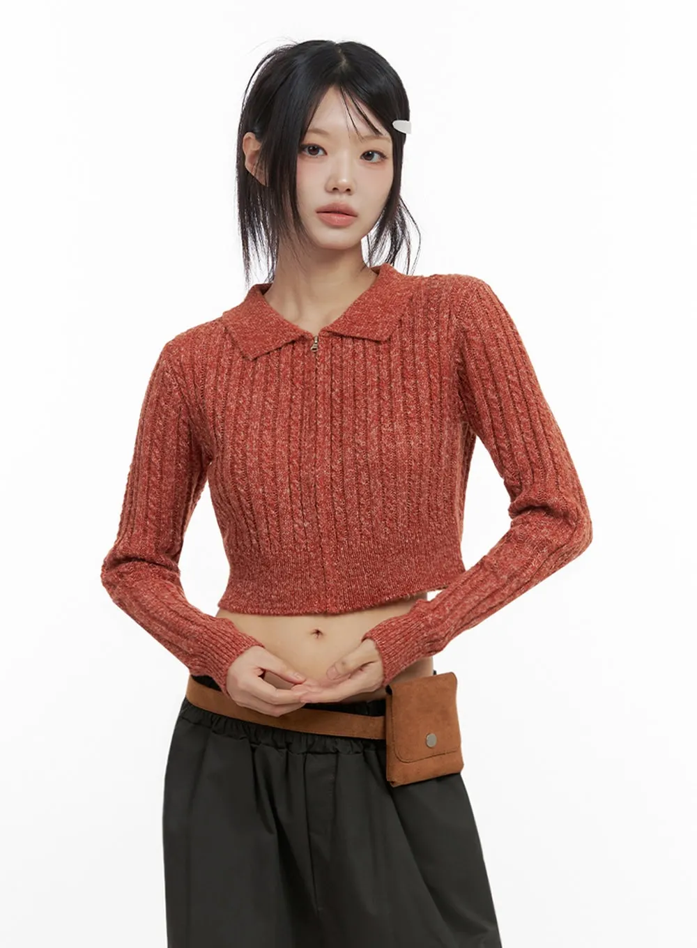 Slim-Fit Collared Zip Crop Top IO430