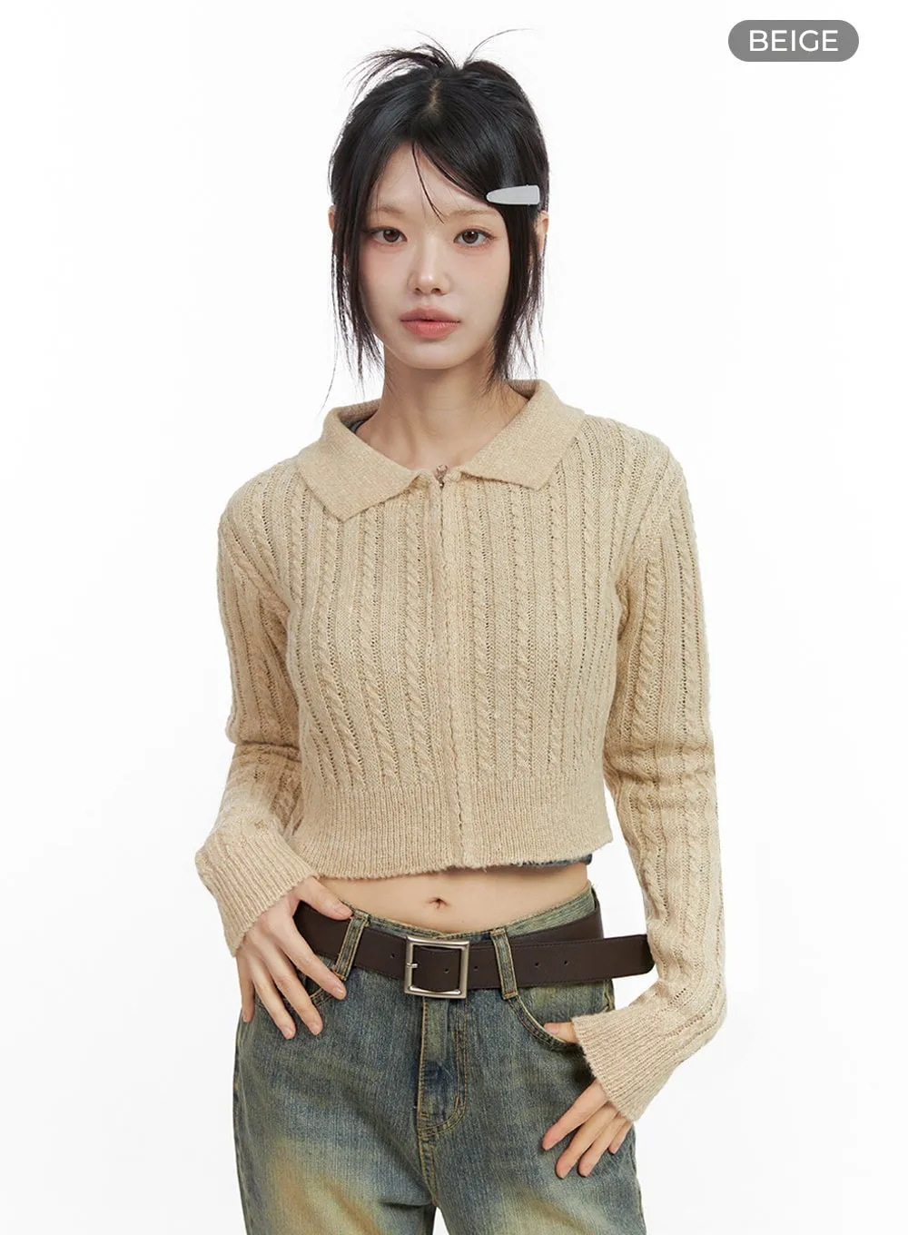 Slim-Fit Collared Zip Crop Top IO430