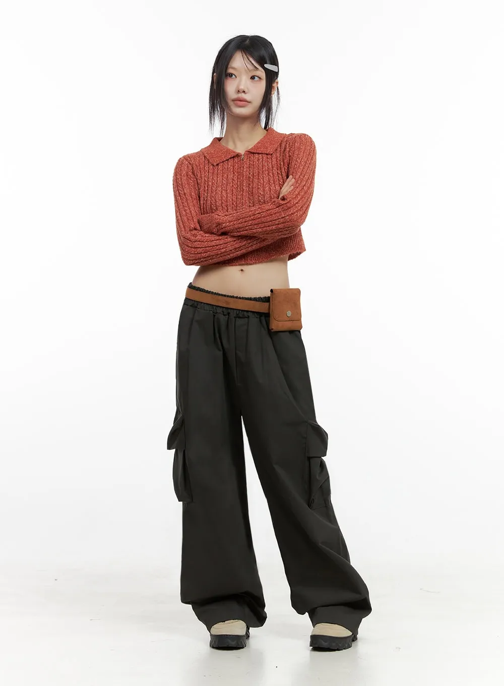 Slim-Fit Collared Zip Crop Top IO430