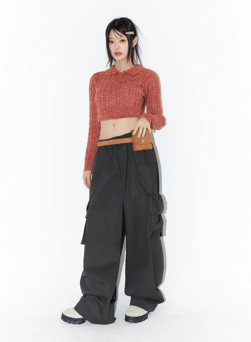 Slim-Fit Collared Zip Crop Top IO430