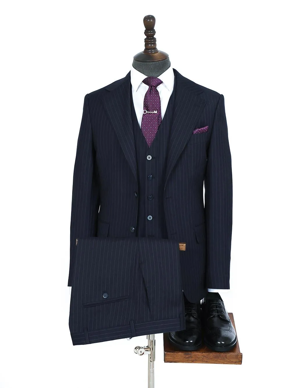 Three Pieces Stripe Blue Bespoke Men Suit Tailored