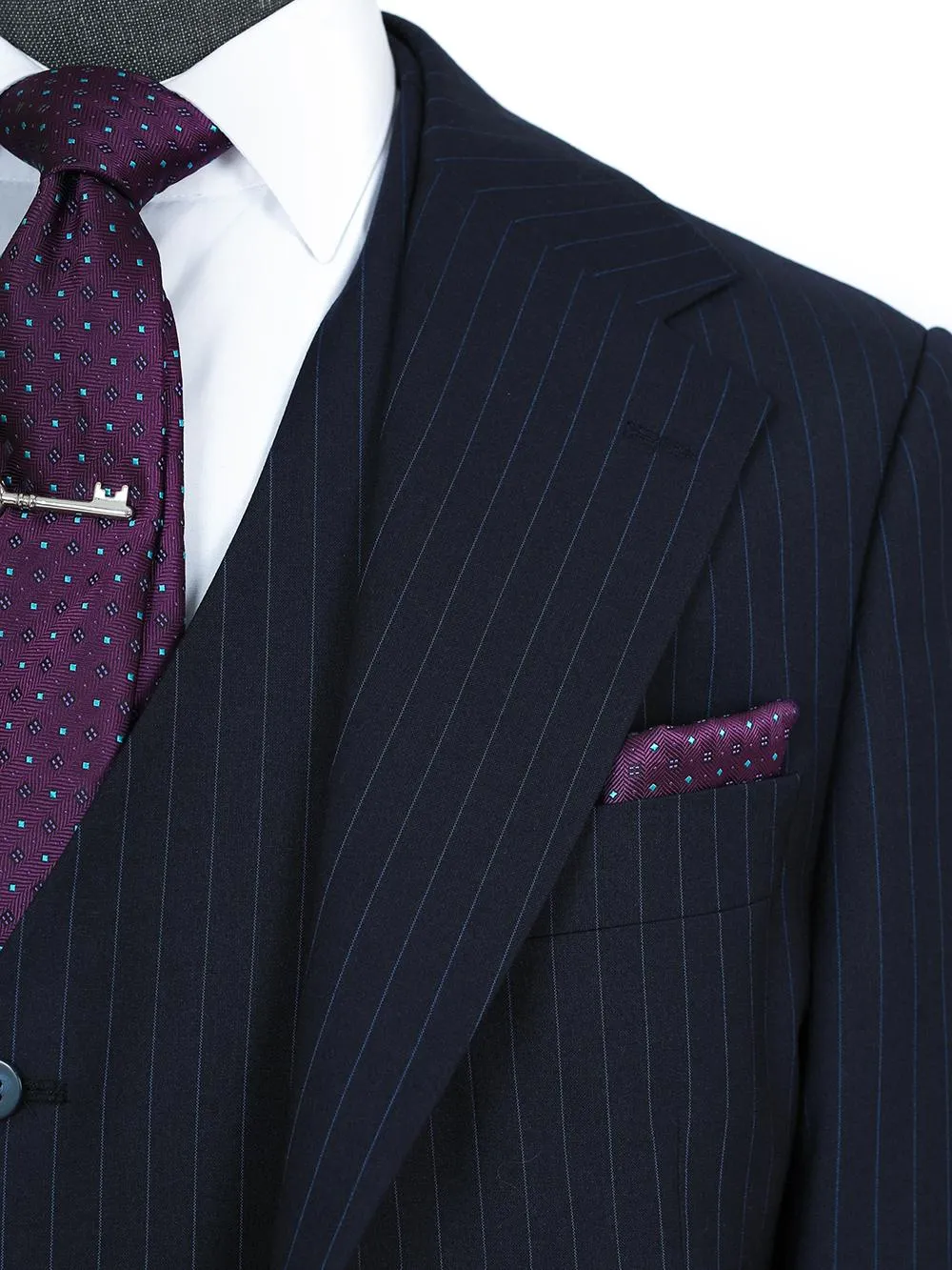 Three Pieces Stripe Blue Bespoke Men Suit Tailored
