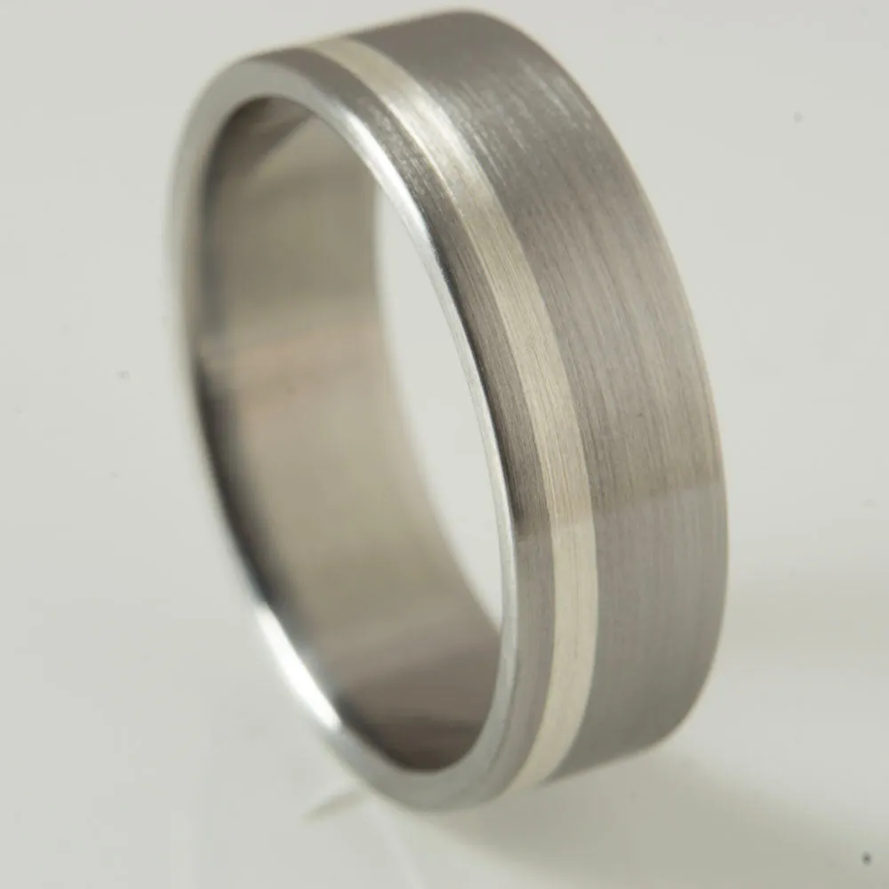 titanium ring brushed with silver pinstripe